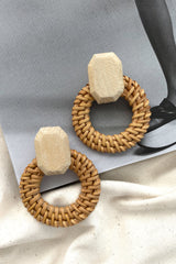 Sirocco Woven Straw Circle Earrings Beige