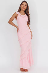 Sangria Cowl Neck Frill Maxi Dress Skin Powder