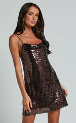 Marleen Mini Dress - Strappy Low Back Sequin Dress in Chocolate