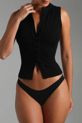 Sheveta Form-Ribbed Button-Down Tank Top - Black