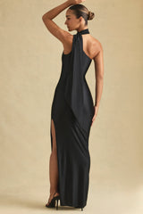 Asymmetric Scarf-Detail Maxi Dress in Black
