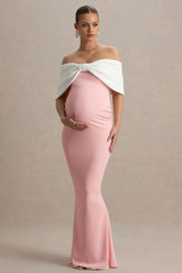 Libra | Pink & White Bow Bardot Maternity Maxi Dress