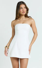 Maia Mini Dress - Boucle Strapless A Line Dress in White