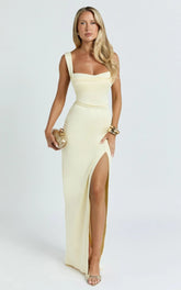 Donna Maxi Dress - Cowl Neck Column High Split Dress in Lemon