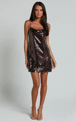 Marleen Mini Dress - Strappy Low Back Sequin Dress in Chocolate