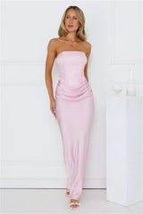 Dressed To Dazzle Strapless Satin Maxi Dress Pink