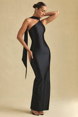 Asymmetric Scarf-Detail Maxi Dress in Black