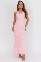 Sangria Cowl Neck Frill Maxi Dress Skin Powder