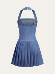 Metal Button Halter Neck Pleated Dress