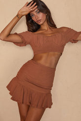 Rise And Shine Shirred Bodice Tied Back Crop Top Latte