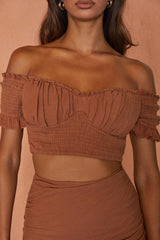 Rise And Shine Shirred Bodice Tied Back Crop Top Latte