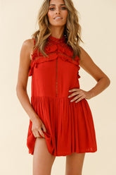 Mischa Sleeveless Frill Trim Shift Dress Rust