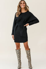 Lorelei Long Sleeve Wide Belt Knit Dress Black
