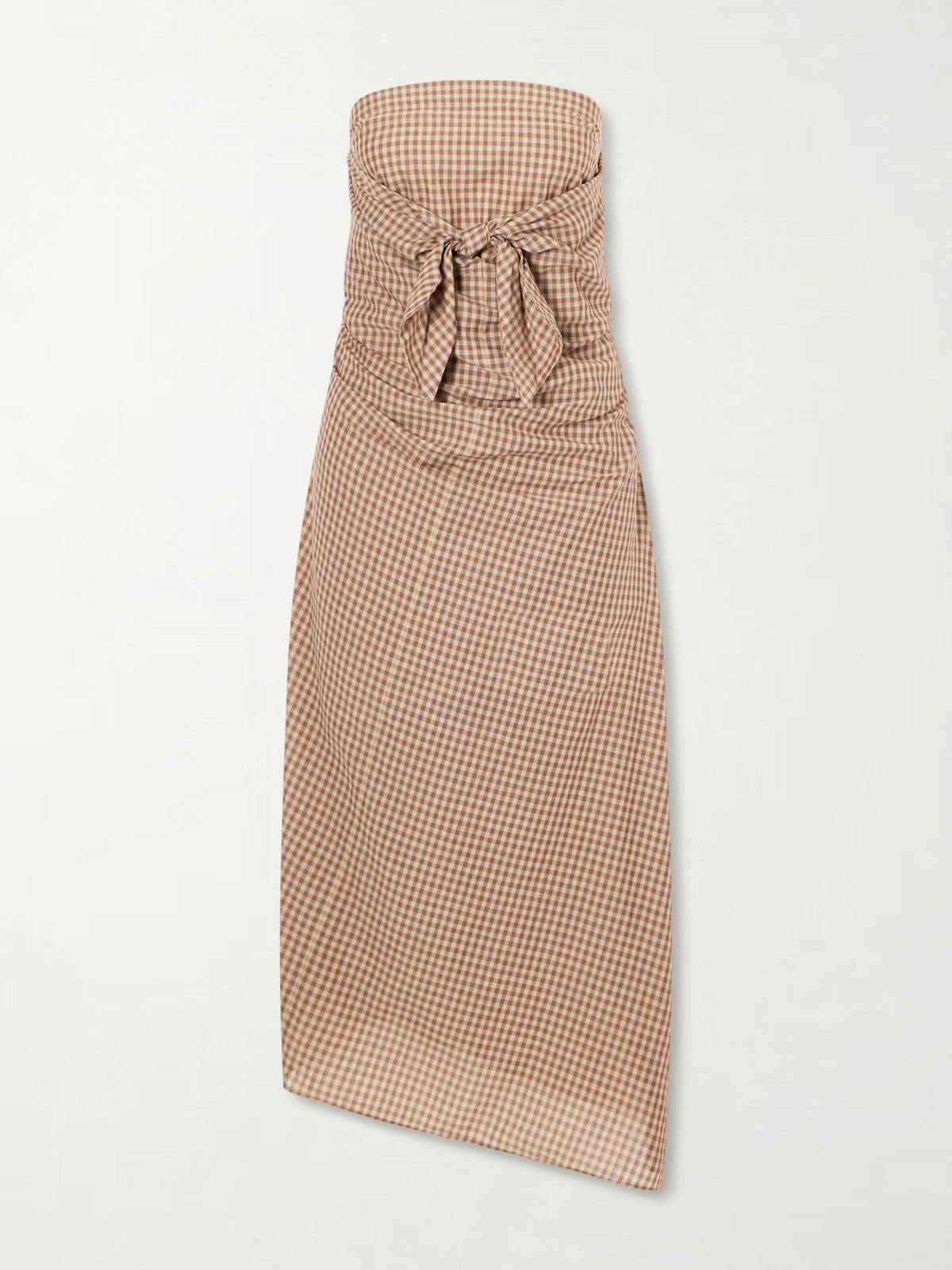 Sleeveless knot-detailed draped checked cotton midi dress