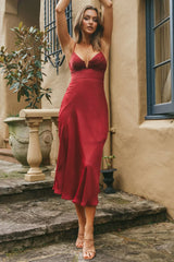 Lake Como Fitted Bodice Cami Strap Midi Dress Cherry