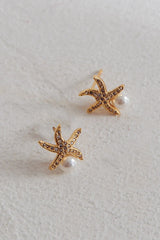 Ethereal Starfish With Pearl Stud Earrings Gold