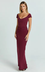 Veronika Maxi Dress - Off Shoulder Plunge High Split Dress in Wine