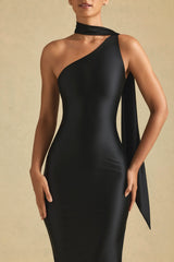 Asymmetric Scarf-Detail Maxi Dress in Black