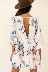Lynette Loose Fit Angel Sleeve Dress Botanic Print Nude