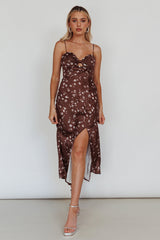 Missoula Cami Strap Padded Bust Midi Dress Printed Brown