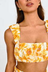 Suenito Gathered Crop Top Floral Orange