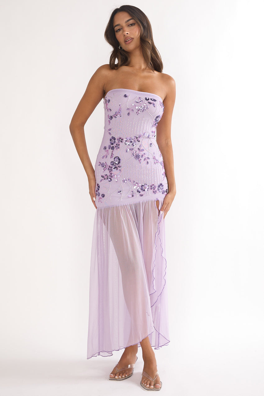 Jezra Strapless Sequin Embellished Maxi Dress Purple