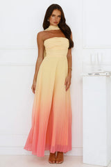 Sunset Magic Strapless Pleated Maxi Dress Yellow