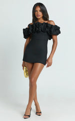 Coraline Mini Dress - Ruffle Off Shoulder Fitted Dress in Black