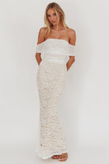 Flutters Off-Shoulder Lace Maxi Dress White