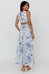 Perla V-Neck Drawstring Maxi Dress Floral Blue