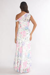 Lylah Asymmetric Neckline Mesh Maxi Dress Floral Blue