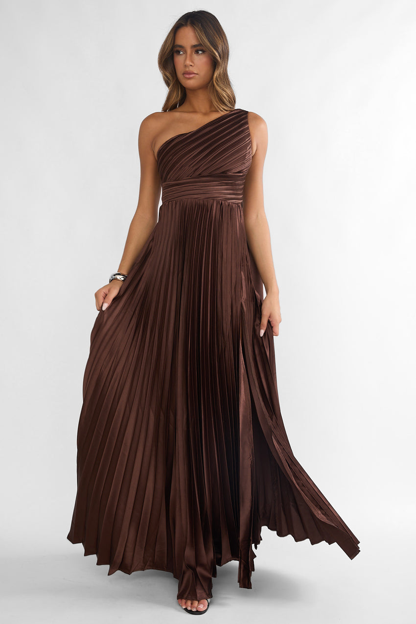 Goddess Aura Pleated Maxi Dress Chocolate
