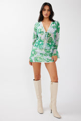 Sincerity Long Sleeve Tie Front Top Print Green