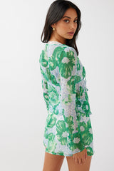 Sincerity Long Sleeve Tie Front Top Print Green