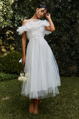 May Rose Off-Shoulder Tulle Midi Dress Off White
