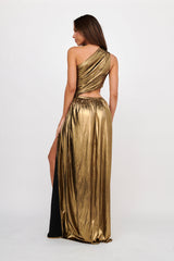 Fortuna One Shoulder Split Maxi Dress Black/Gold