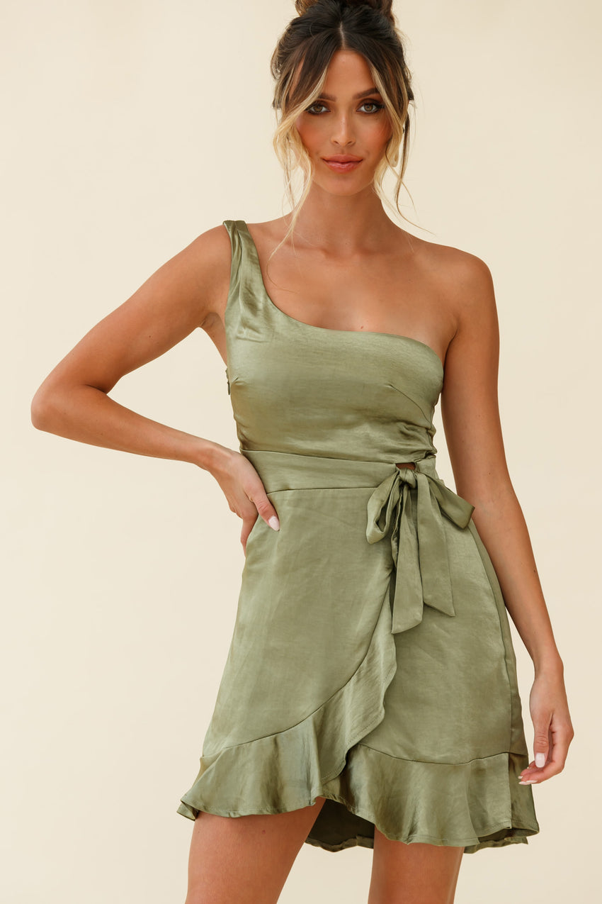 Waiting For Tonight One Shoulder Faux Wrap Dress Olive