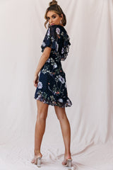 June Angel Sleeve Ruffle Detail Dress Navy